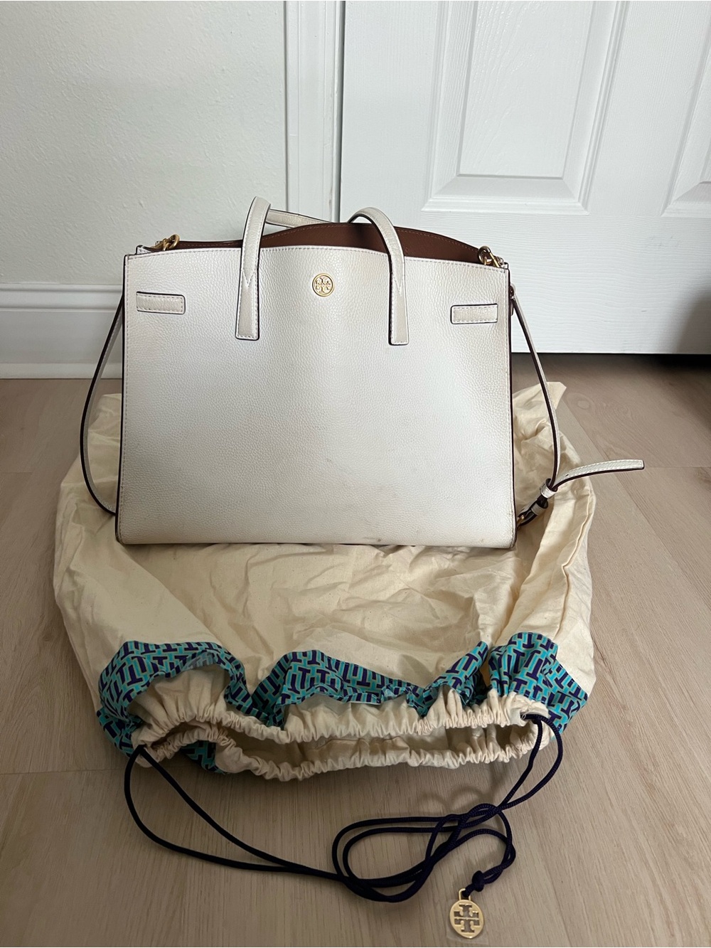 Tory Burch Walker Satchel White Leather Tote with Brown Trim and Gold Hardware